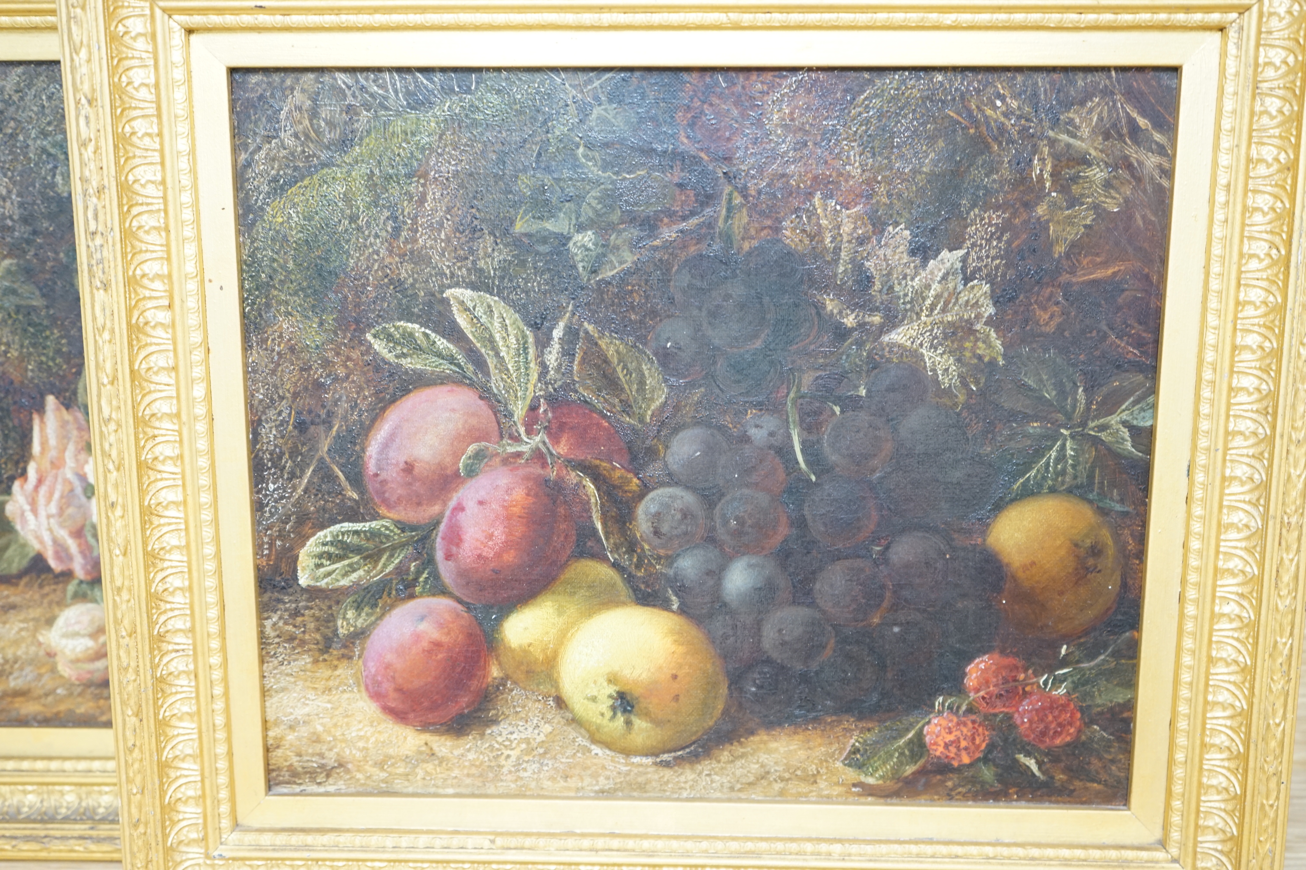 After George Clare (1835-1890), pair of oils on canvas, Still lifes of fruit and flowers, each bearing signature, 25 x 29cm